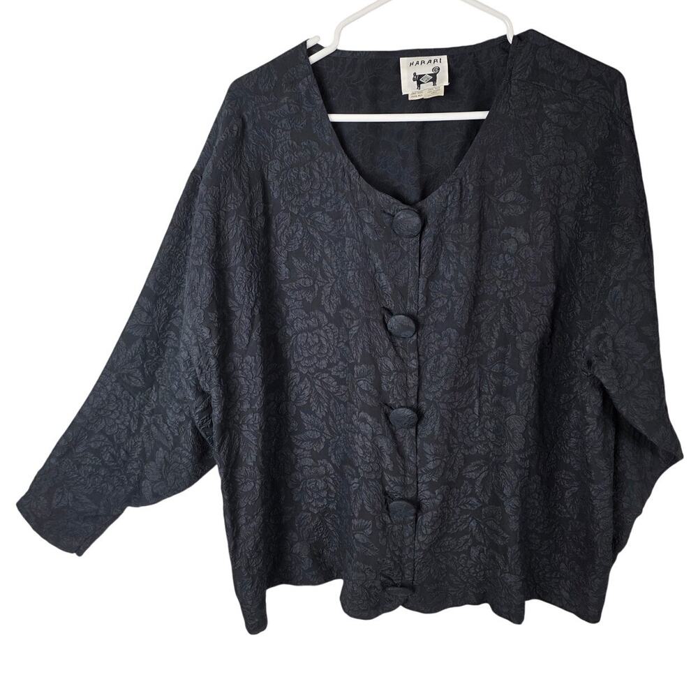Harari Silk Top OSFO Black Floral Jacquard Art To Wear Jacket Luxury Lagenlook
